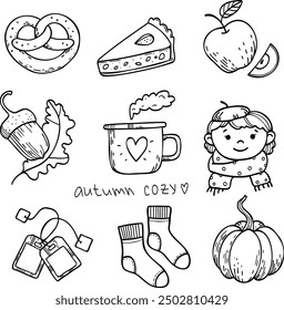 Símbolos tradicionales de otoño: follaje, plantas, comida, ropa de abrigo, una niña con una bufanda, calabaza, manzana, pastel, hojas y bayas, cacao. Vector dibujado aislado en blanco. Estilo de vida cómodo. Sentimiento de otoño.