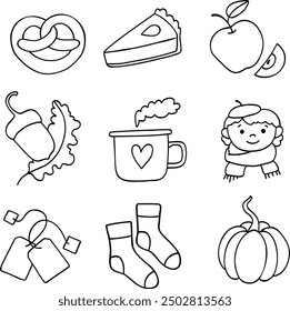 Símbolos tradicionales de otoño: follaje, plantas, comida, ropa de abrigo, una niña con una bufanda, calabaza, manzana, pastel, hojas y bayas, cacao. Vector dibujado aislado en blanco. Estilo de vida cómodo. Sentimiento de otoño.