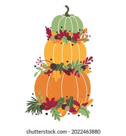 Traditional autumn tall composition of ripe pumpkins and fallen leaves, twigs. Beautiful decoration for house for Halloween and Thanksgiving. Flat doodle illustration for design of posters, invitation