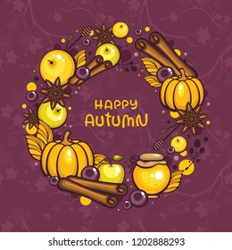 Traditional autumn wreath with pumpkin, apples, jar of honey, spices and berries. Frame with "Happy autumn" lettering on violet background. Vector illustration for season decoration.