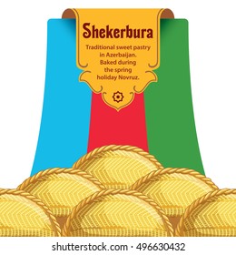 Traditional Azerbaijan sweet pastry shekerbura. Shekerbura baked during the spring holiday Novruz. Vector illustration for design, menu, cafe billboard. Sweet cake.
