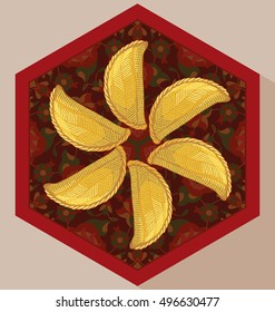 Traditional Azerbaijan sweet pastry shekerbura. Shekerbura baked during the spring holiday Novruz. Vector illustration on a hexagonal plate for design, menu, cafe billboard. Sweet cake.