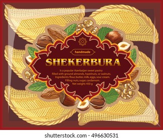 Traditional Azerbaijan sweet pastry shekerbura. Shekerbura baked during the spring holiday Novruz. Vector illustration of shekerbura in packing for design, menu, cafe billboard. Sweet cake.