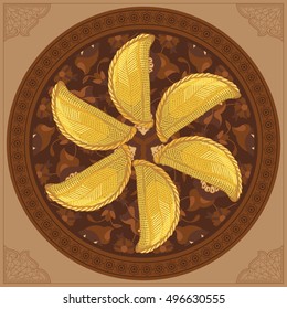 Traditional Azerbaijan sweet pastry shekerbura. Shekerbura baked during the spring holiday Novruz. Vector illustration on a round plate for design, menu, cafe billboard. Sweet cake.