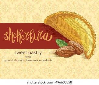 Traditional Azerbaijan sweet pastry shekerbura. Shekerbura baked during the spring holiday Novruz. Vector illustration for design, menu, cafe billboard. Sweet cake svg