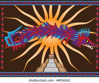 Traditional Aztec Quetzalcoatl and aztec temple