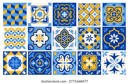 Traditional Azulejo Portuguese tile patterns collection. Ornamental Mediterranean ceramic set. Moroccan decorative elements. Modern vector illustration.