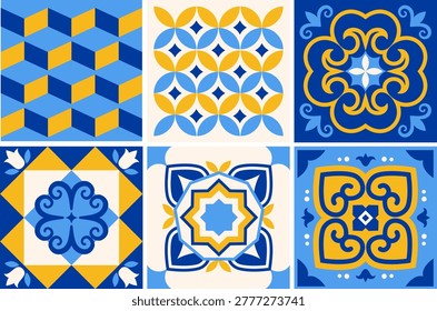Traditional Azulejo Portuguese tile patterns collection. Ornamental Mediterranean ceramic set. Moroccan decorative elements. Modern vector illustration.