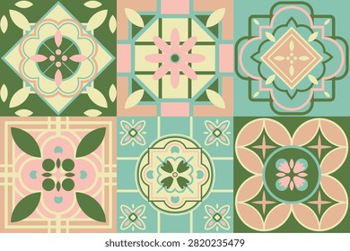 Traditional Azulejo Portuguese tile patterns collection in green and pink color 