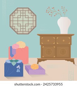 Ilustración de fondo tradicional con muebles tradicionales coreanos y caja de regalo de envoltura