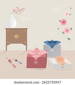 Ilustración de fondo tradicional con muebles tradicionales coreanos y caja de regalo de envoltura