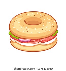 Traditional bagel sandwich with cream cheese, onion and lox or smoked salmon. Hand drawn cartoon style vector illustration.