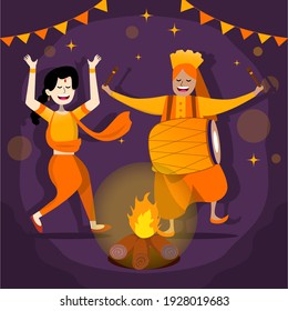 Traditional baisakhi vaisakhi festival in India with yellow color and dancing on the campfire illustration vector design