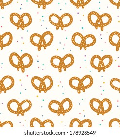 Traditional baked pretzels, doodle dotted seamless pattern background