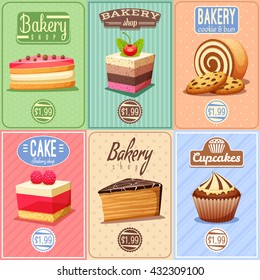 Traditional bakery confectionary 6 vintage mini posters composition banner with cupcakes caked and chocolate cookies isolated vector illustration