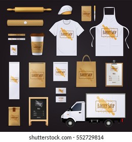 Traditional bakery shop corporate identity template with pastry dough rolling pin design black background realistic vector illustration  