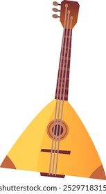 A traditional balalaika characterized by its distinctive triangular body and long neck stands prominently with its bright yellow hue highlighting the intricate detailing of the instrument.