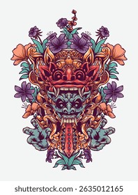 Traditional Balinese Badge Barong Rangda Hand Draw Illustration for Logo, T-shirt Design and Others