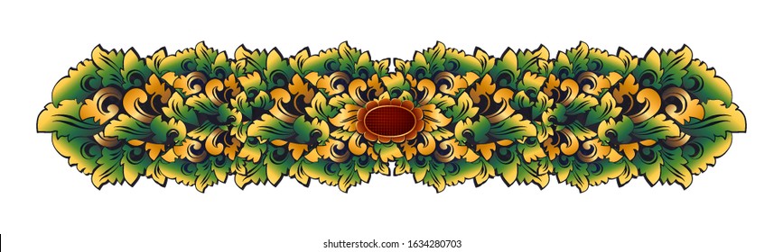 Traditional Balinese carving style colored floral decorative vintage ornament, vector stylized border isolated on white background