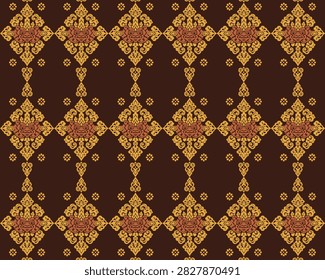 Traditional Balinese ethnic batik pattern with Kala face ornament, luxury brown and gold seamless background for textile design