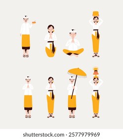 Traditional Balinese people in Hindu ceremony attire performing various ritual activities. This design highlights the cultural and spiritual practices of Bali.