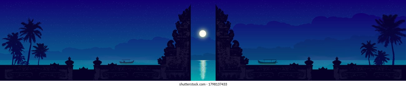 Traditional balinese temple gate silhouette on blue night sky and ocean coast background with fishermen boats, shining moon and water reflection