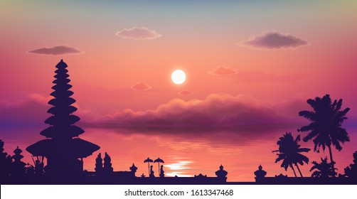 Traditional Balinese temple and palm trees silhouette on pink cloudy sunset background, vector illustration