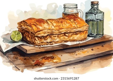 Traditional Balkan breakfast  Borek pie watercolor painting Abstract white background