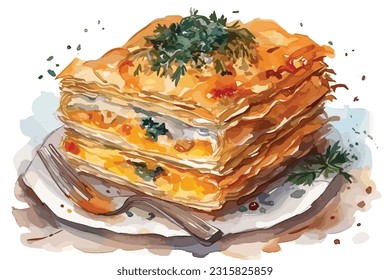 Desayuno tradicional balcánico Borek o pintura acuática de color pastel Borek Resumen de fondo blanco.