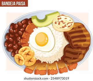 Vista superior tradicional do prato Bandeja Paisa - Platter colombiano incluindo arroz, feijão, planícies fritas, arepa, chicharrón, carne de boi, chouriço, abacate e ovo frito