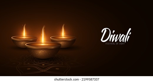 Traditional banner for Diwali festival of light. Diya lamps with mandala ornament. Burning flame with particles. Festive header for website. Greeting card in Indian style. Vector illustration. EPS 10