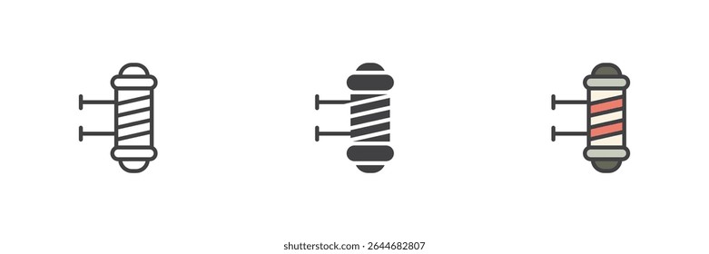 Traditional barber pole icon with spiral stripe, depicted in outline, filled outline, and solid glyph vector style. Classic barbershop icon symbol and decorative sign.