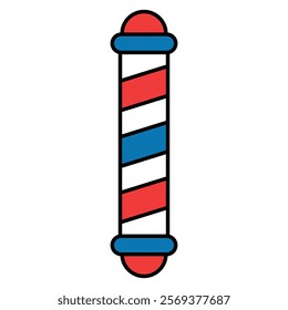 A traditional barber pole with a red, white, and blue spiral pattern. The pole is cylindrical and has blue caps at the top and bottom. This iconic image is widely recognized as a symbol of barbershops