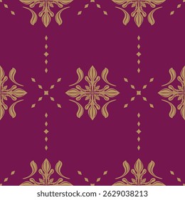 Tradicional Barroco Geométrico Design Torcer Fleur de lis Padrão Bizantino com Filigrana Dourada no Fundo Borgonha Vermelha. Royal Elaborate Rich Sem Costura Repetir Florais Detalhados Decoração Bordado Tapete