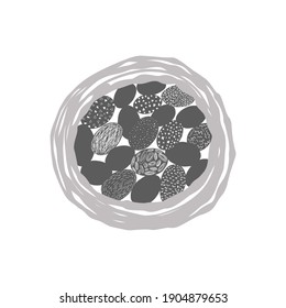 Traditional basket with decorative eggs, Easter decor. Nest with painted testicles.Vector stock illustration, hand-drawn in cartoon style