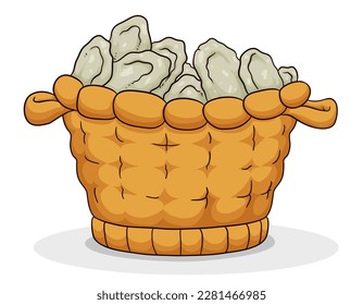 Traditional basket with handles, filled with loaves of bread, commemorating the biblical miracle of feeding the multitude. Design isolated in cartoon style.