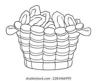 Traditional basket with handles, filled with loaves of bread that reminds us the biblical miracle of feeding the multitude. Outlines design for coloring.