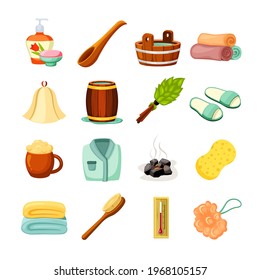 Traditional bath items set. Scented loofah soap and mug foamy beer wooden brown wellness ladle with bucket and massage green leafy broom barrel full hot black coals. Vector cartoon relaxation.