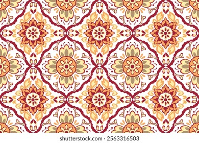 Traditional Batik Design from Indonesia Pro Vector, A seamless pattern of red and yellow flowers, Portuguese azulejo tiles, fabric, seamless, pattern, traditional clothing 