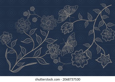 Traditional Batik Style Floral And Butterfly Line Art. Designs For Textile Fabrics And Patterns