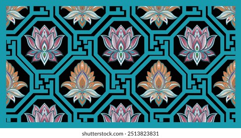 Traditional  batik textile, Ornament batik. Mehndi lotus flower pattern, Mystic mandala, Digital Ajrakh seamless pattern block print floral batik, design seamless pattern, vector seamless pattern. eps