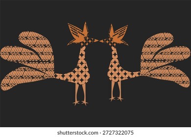 Ilustração tradicional inspirada em batik com duas galinhas domésticas estilizadas de frente uma para a outra, simbolizando harmonia e equilíbrio. Design ornamental cultural adequado para padrões têxteis, origens étnicas e arte decorativa.