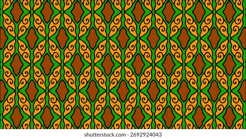 Traditional batik-inspired pattern with green and orange color combination, ornamental design for fabric or background use.