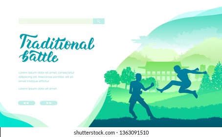 Traditional battle vector landing page template. Martial arts web banner layout design. Staged fights website homepage design. Karate, taekwondo minimalistic illustration. Fighters silhouettes