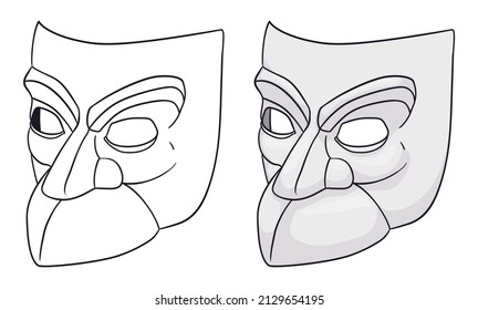 Traditional Bauta mask in outlines to coloring and colored version, ready for Venice's carnival.