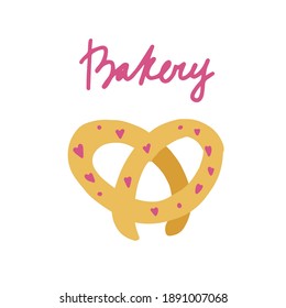 Traditional Bavarian appetizer. Crispy pretzel. Decorated with hearts. Isolated vector illustration.