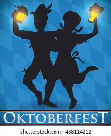 Traditional Bavarian couple celebrating volksfest with frothy beers and German ribbons and silver greeting message for Oktoberfest.