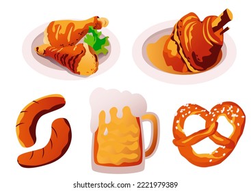 Traditional Bavarian cuisine.Pork knuckle, beer, sausages, pretzel and chicken legs.Vector illustration for Oktoberfest.