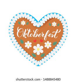 Traditional Bavarian heart-shaped gingerbread decorated with flowers, leaves and lettering Oktoberfest. Easy to edit vector template for logo design, poster, banner, flyer, t-shirt, invitation, etc. 