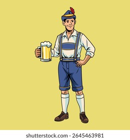 Homens bávaros tradicionais em lederhosen segurando canecas de cerveja, comemorando Oktoberfest com expressões alegres e roupas festivas
